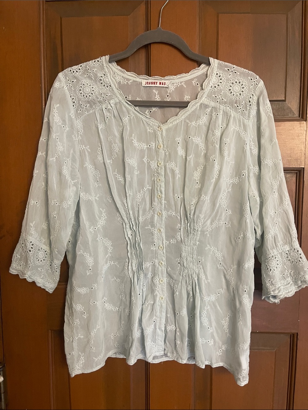 Johnny Was Pale Blue Eyelet-Trim Button Front Blouse